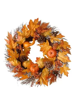 Discount 🤩 National Tree Maple Leaves and Pumpkins 🧛 Halloween Wreath Orange and Yellow 24-Inch ❤️ -Cheap Waverly® Store Belk 2580