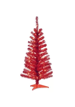 Coupon 👍 National Tree 4' Pre-Lit Medium Red Tinsel Artificial ❄ Christmas Tree - Clear Lights 🛒
