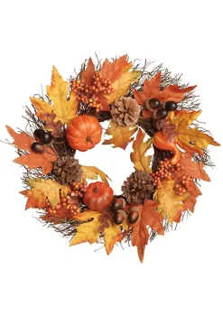 Best Sale ✔️ National Tree Pumpkins and Maple Leaves 🧛 Halloween Wreath Orange and Yellow 16-Inch ⭐ -Cheap Waverly® Store Belk 2624