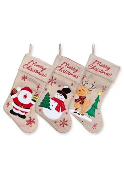 Deals ⌛ Lexi Home Large 🔔 Christmas Holiday Stockings - Set of 3 Rustic Burlap Emroidered Santa and Friends Stockings 💯 -Cheap Waverly® Store Belk 965